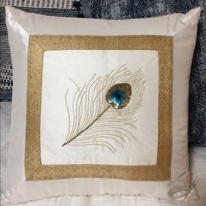 Sequined Peacock Pillow with Gold Trim